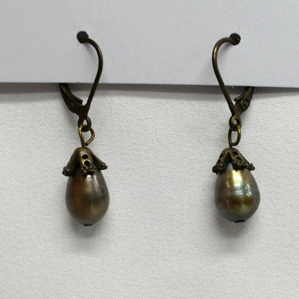 Whimsigoth Olive Green Freshwater Pearl Teardrop Earrings Fairycore Mermaidcore
